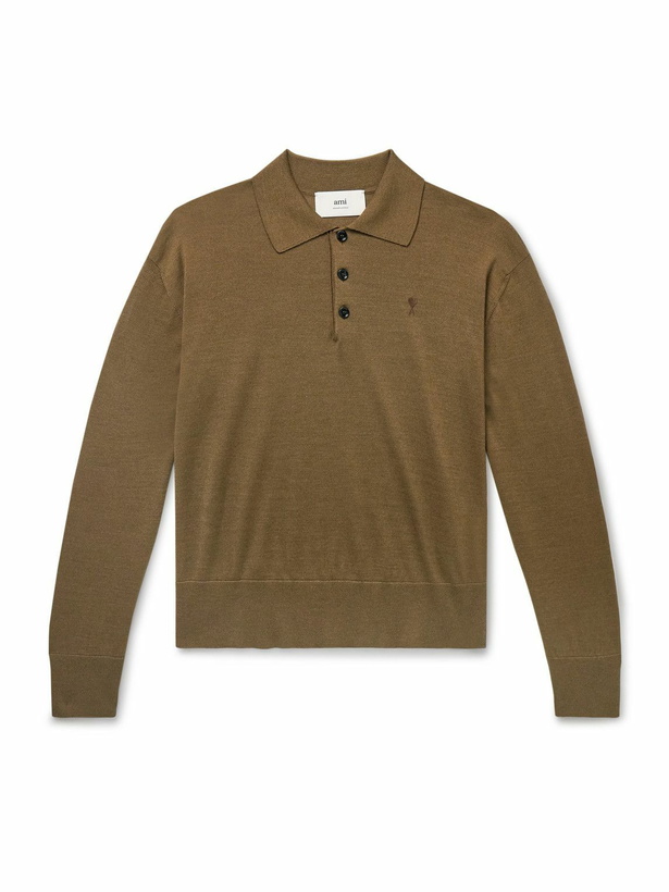Photo: AMI PARIS - Logo-Embroidered Virgin Wool and Silk-Blend Polo Shirt - Brown