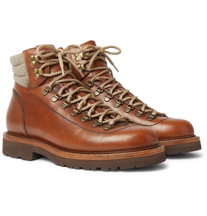 Photo: Brunello Cucinelli - Shearling-Trimmed Leather Hiking Boots - Brown