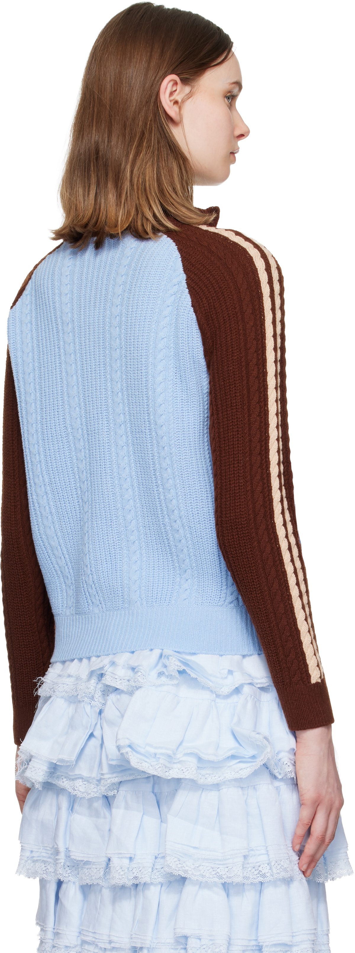 SHUSHU/TONG Blue & Brown Color-Block Raglan Sleeve Knit Cardigan
