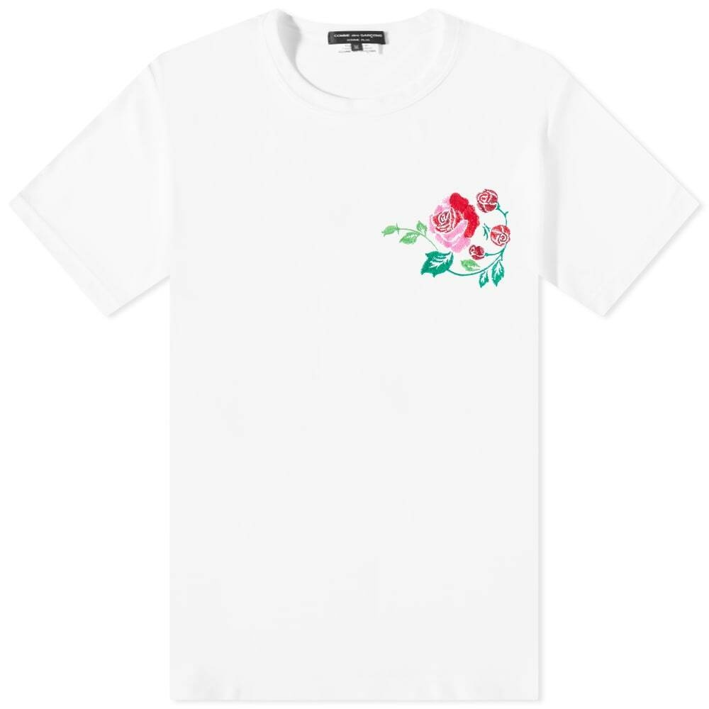 Photo: Comme des Garçons Homme Plus Rose in Bud Embroidery Poly T-Shirt in White