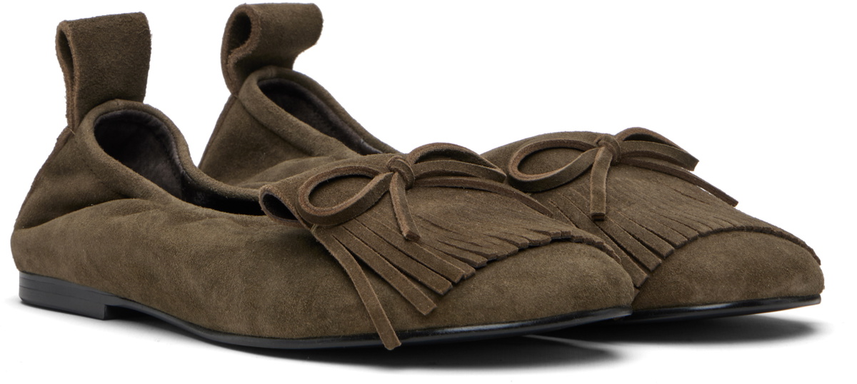 OPEN YY Khaki Bun Suede Fringe Ballerina Flats