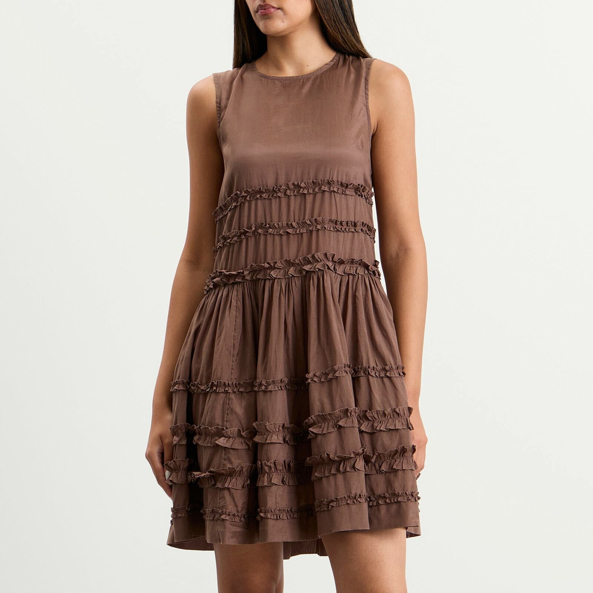 Damson Madder Women's Reed Drop Waist Ruffle Midi Dress in Choc