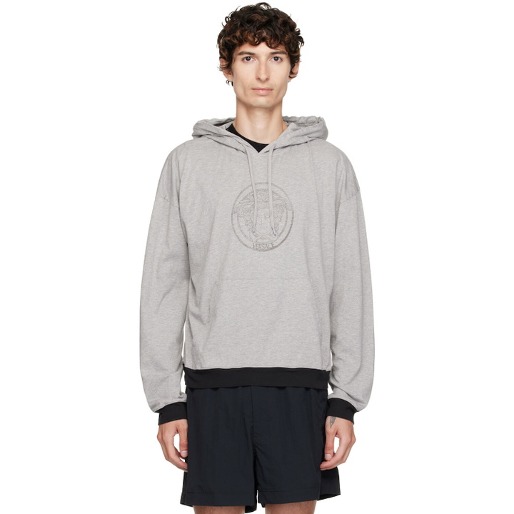 Photo: Versace Gray Printed Cotton-Jersey Hoodie