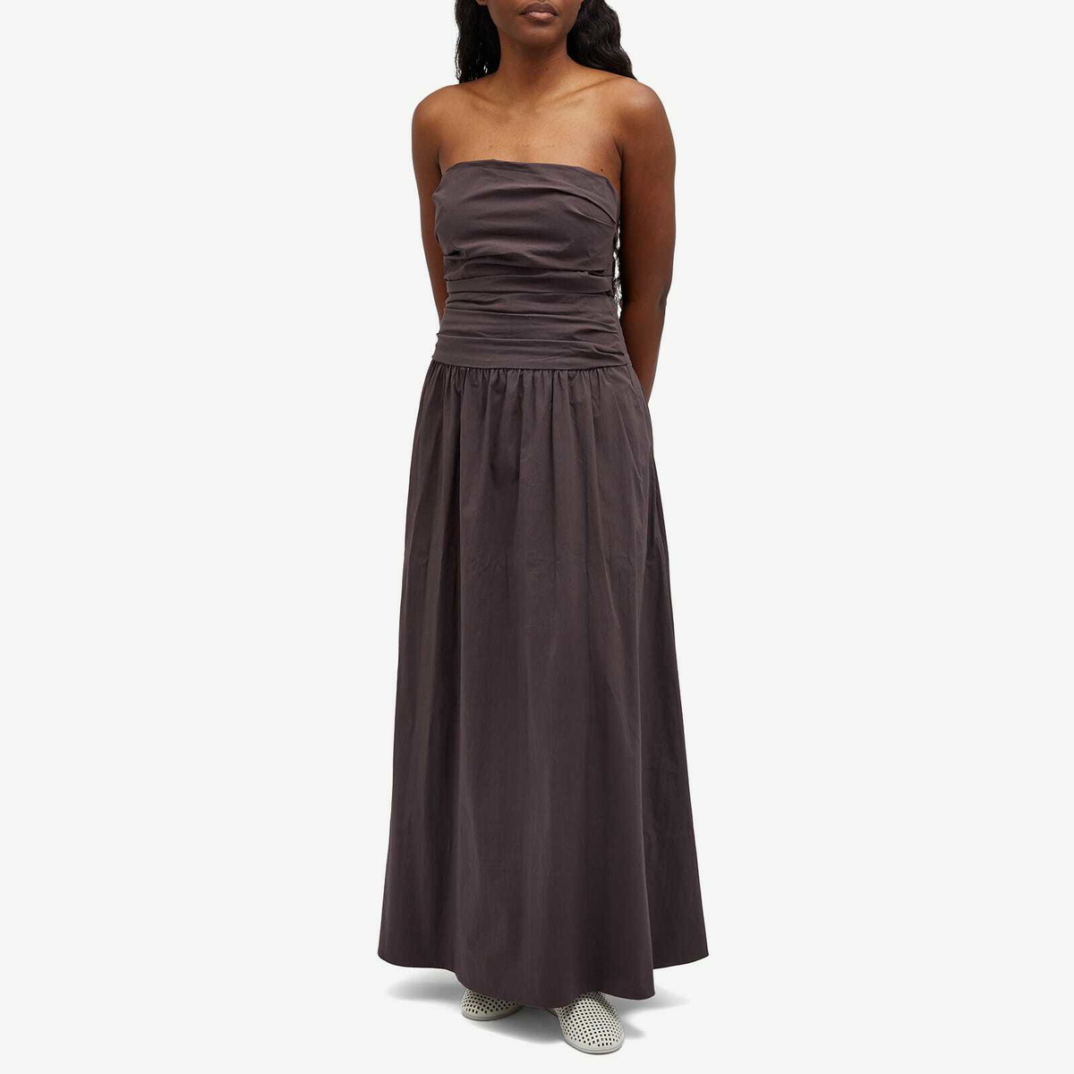 ST. Agni Women's Gathered Strapless Tie Back Maxi Dress in Chocolate Plum