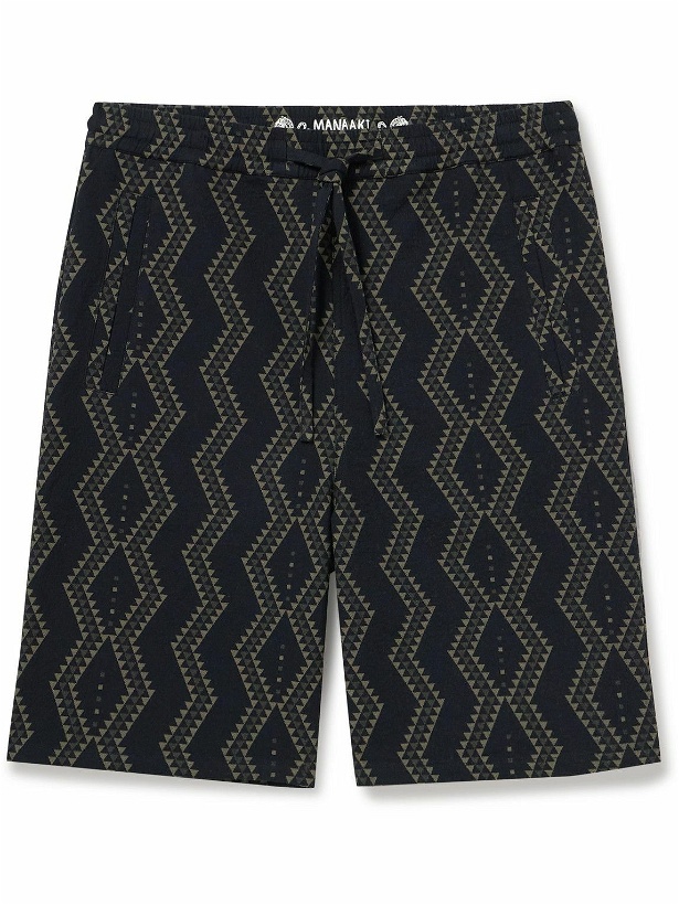 Photo: MANAAKI - Tai Straight-Leg Striped Cotton-Jacquard Drawstring Shorts - Black