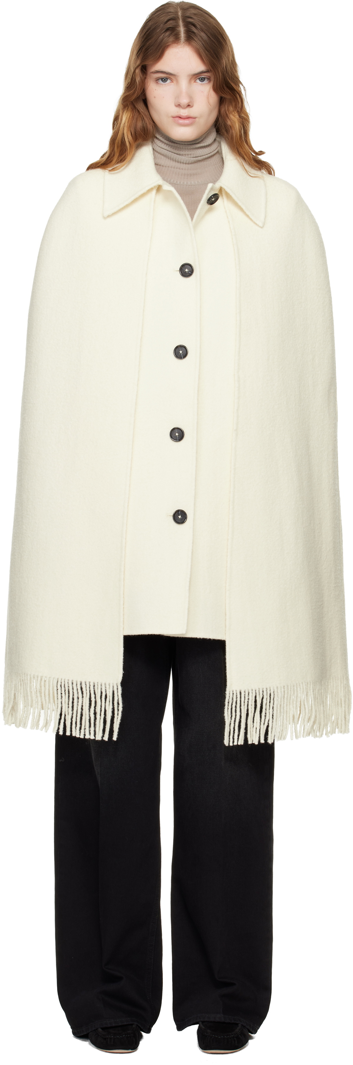 TOTEME Off-White Fringe Cape Coat