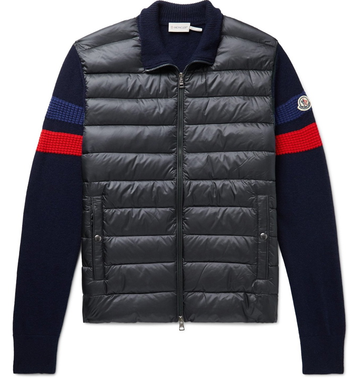 Photo: Moncler - Slim-Fit Pannelled Quilted Shell Down and Striped Wool Jacket - Blue
