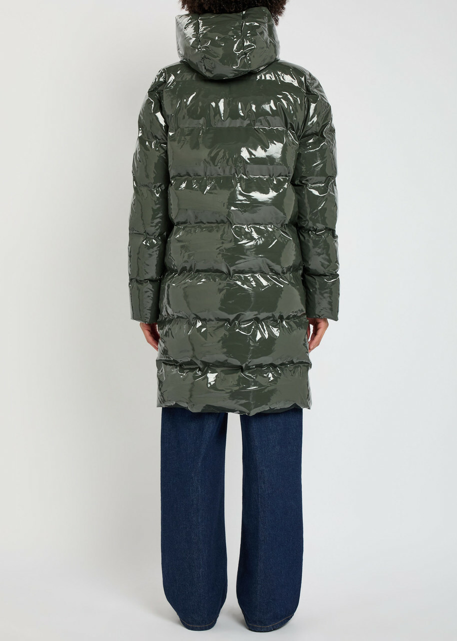 Rains Alta Long Quilted Coated Rubberised Jacket Dark Green