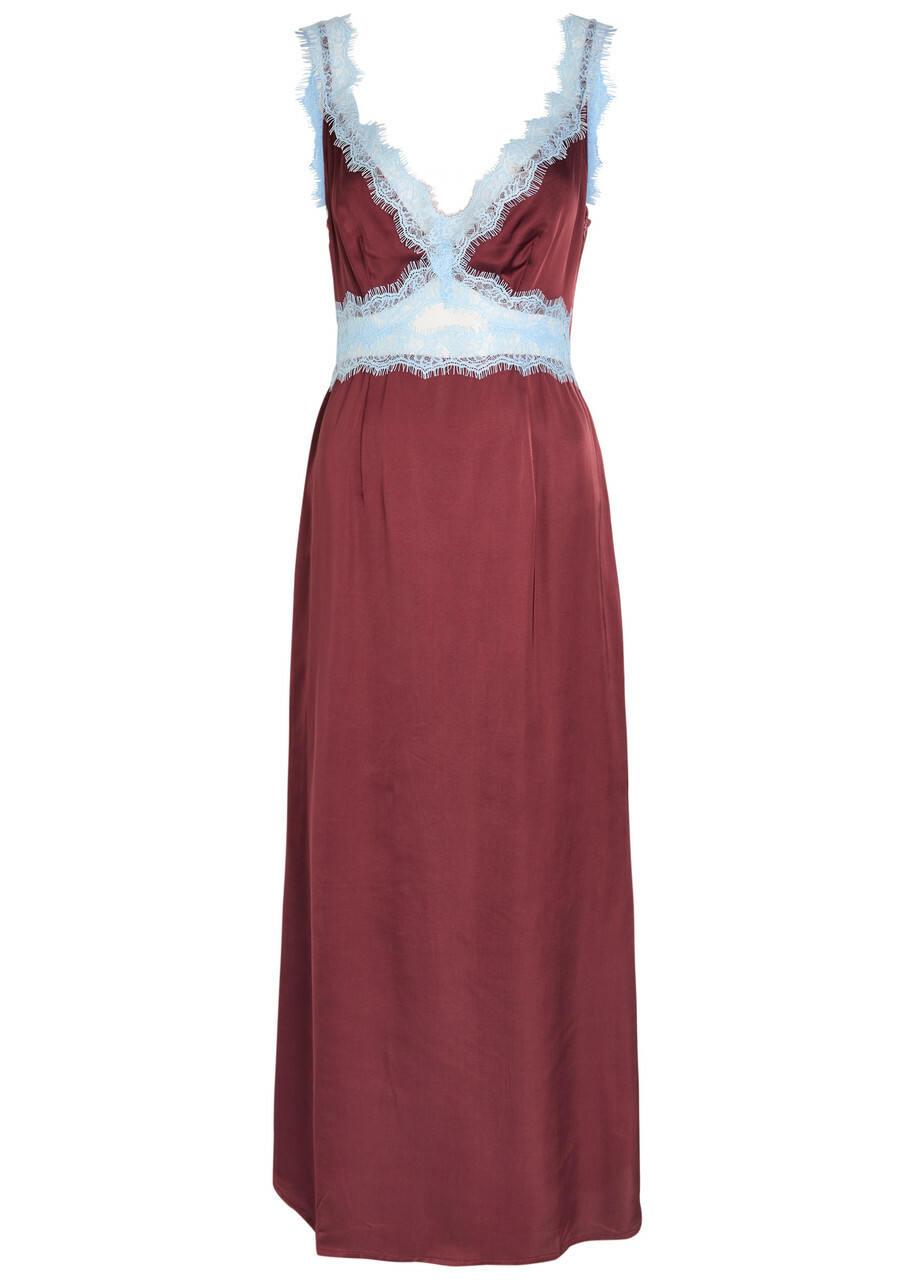 Never Fully Dressed Mimi Lace-trim Satin Midi Dress Burgundy