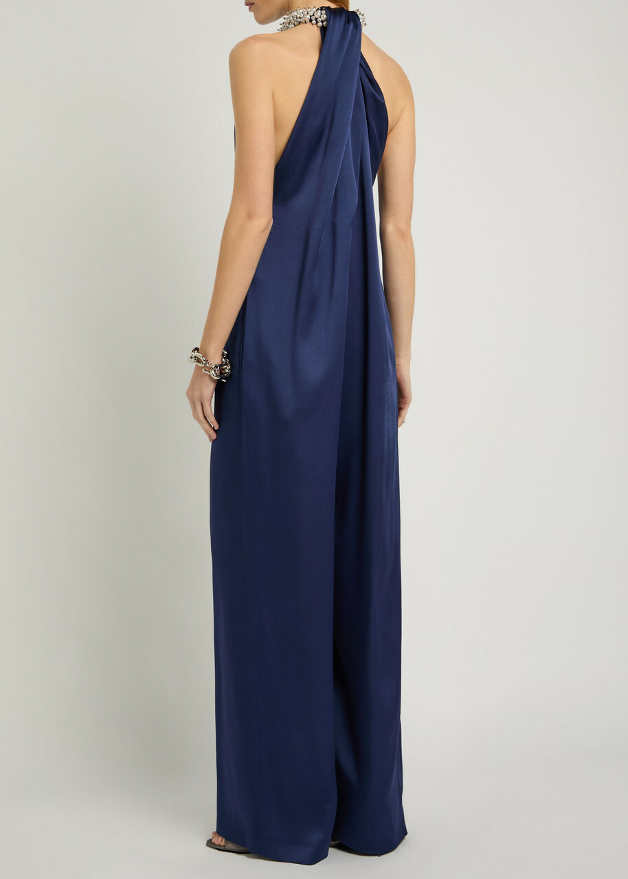 Stella Mccartney Draped Faux Pearl-embellished Satin Jumpsuit Navy