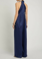 Stella Mccartney Draped Faux Pearl-embellished Satin Jumpsuit Navy