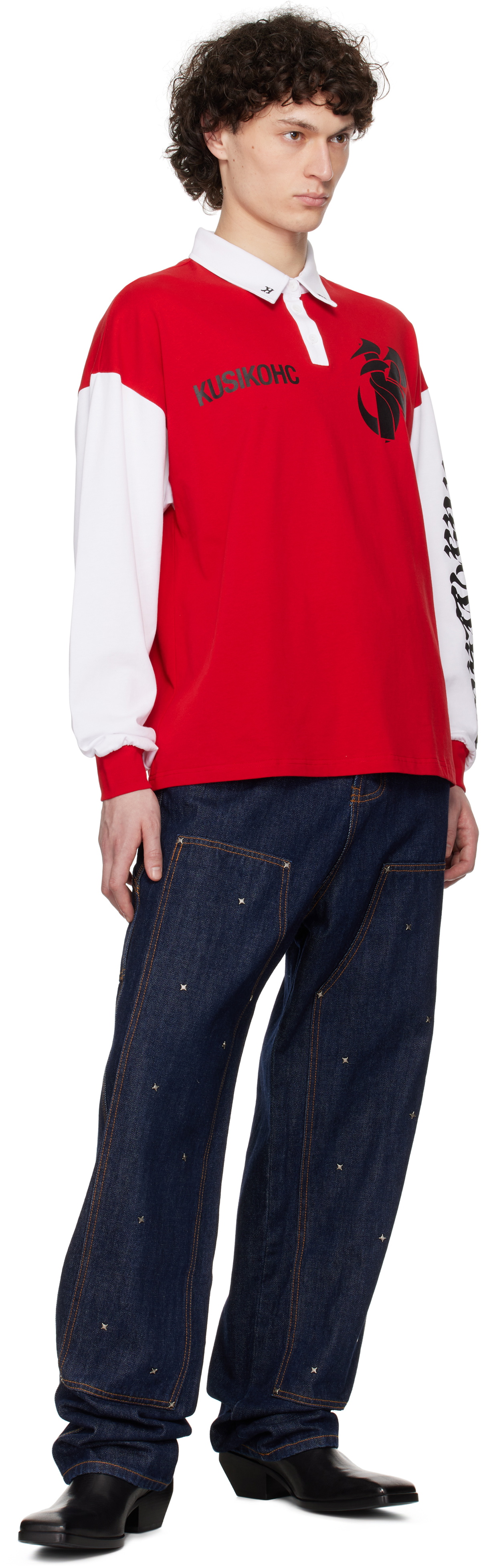 KUSIKOHC Red & White Rugby Long Sleeve Polo
