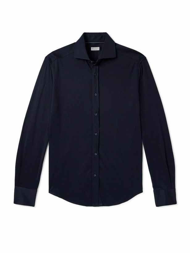 Photo: Brunello Cucinelli - Slim-Fit Cutaway-Collar Silk and Cotton-Blend Shirt - Blue