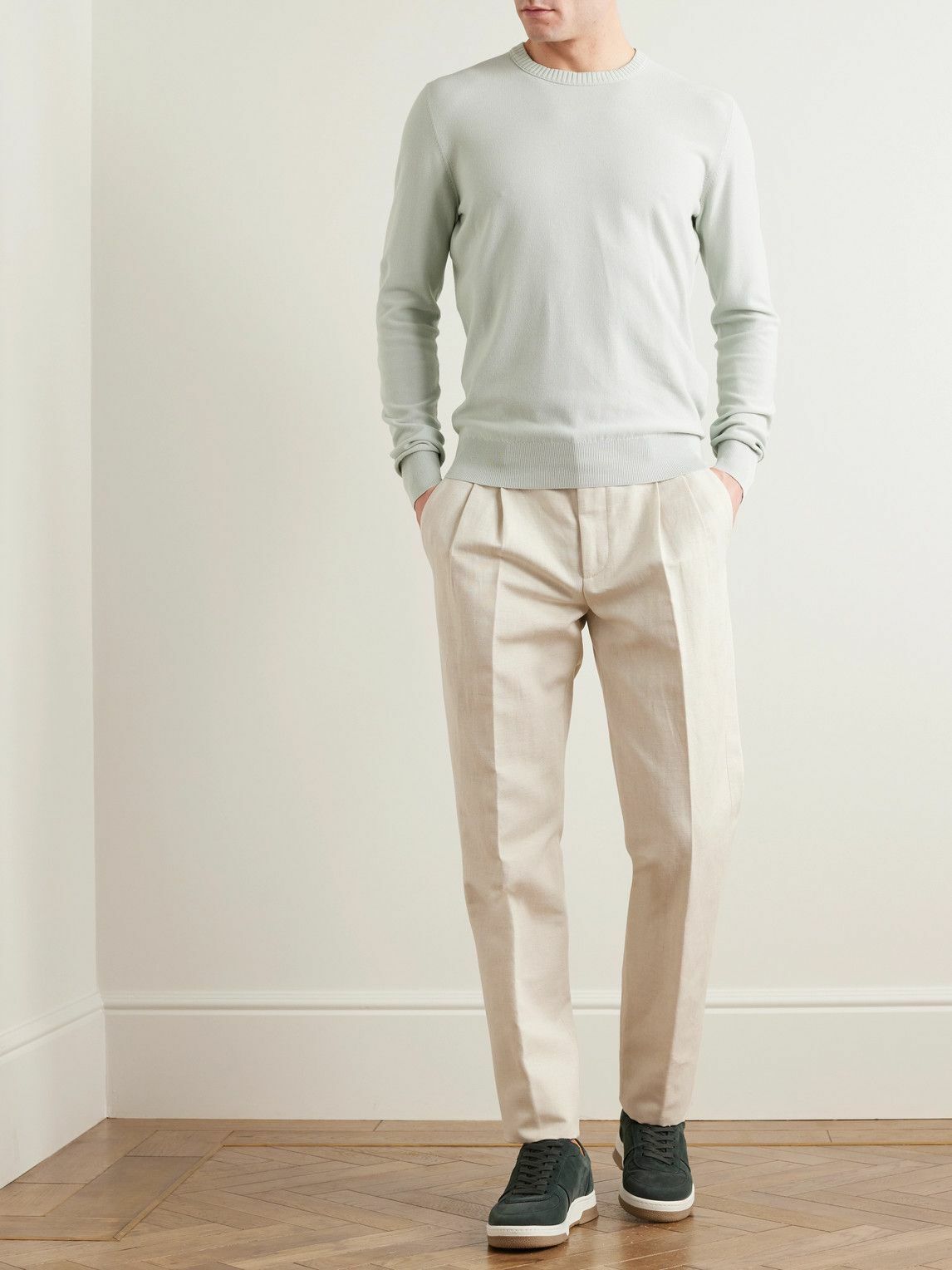 Loro Piana スラックス　サイズ50 ホワイト　コットンリネン Loro Piana - Straight-Leg Pleated Cotton and Linen-Blend Trousers