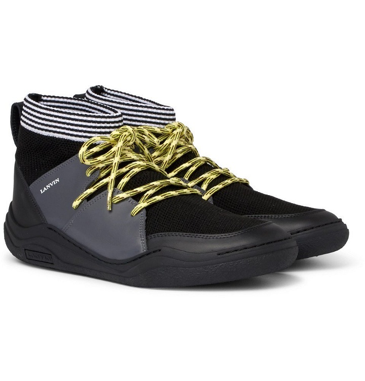 Photo: Lanvin - Stretch-Knit and Leather High-Top Sneakers - Men - Black