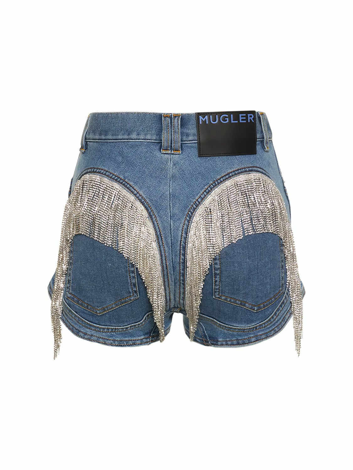 MUGLER - Embellished Fringe Denim Mini Shorts Mugler