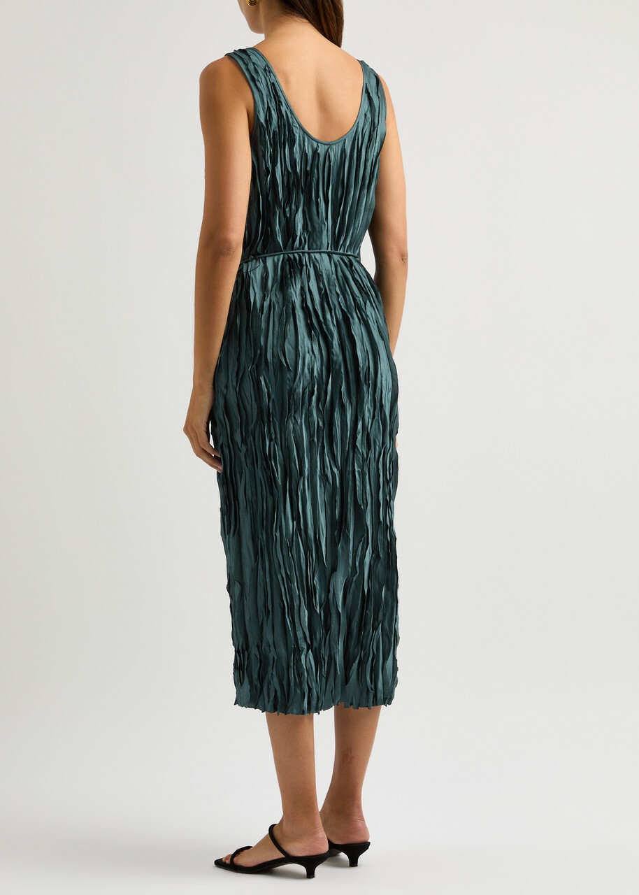 Vince Pleated Satin Midi Dress Teal Vince