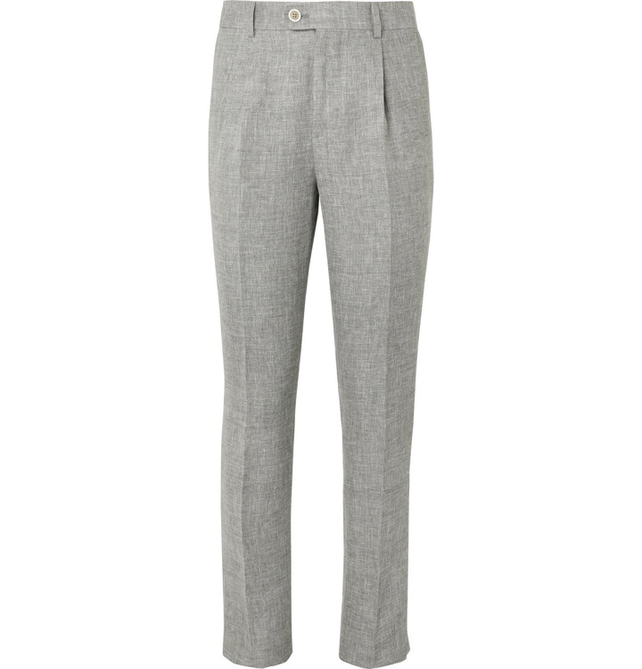 Photo: Brunello Cucinelli - Grey Slim-Fit Mélange Linen, Wool and Silk-Blend Suit Trousers - Gray