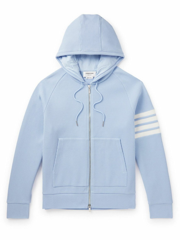 Photo: Thom Browne - Striped Waffle-Knit Cotton-Jersey Zip-Up Hoodie - Blue