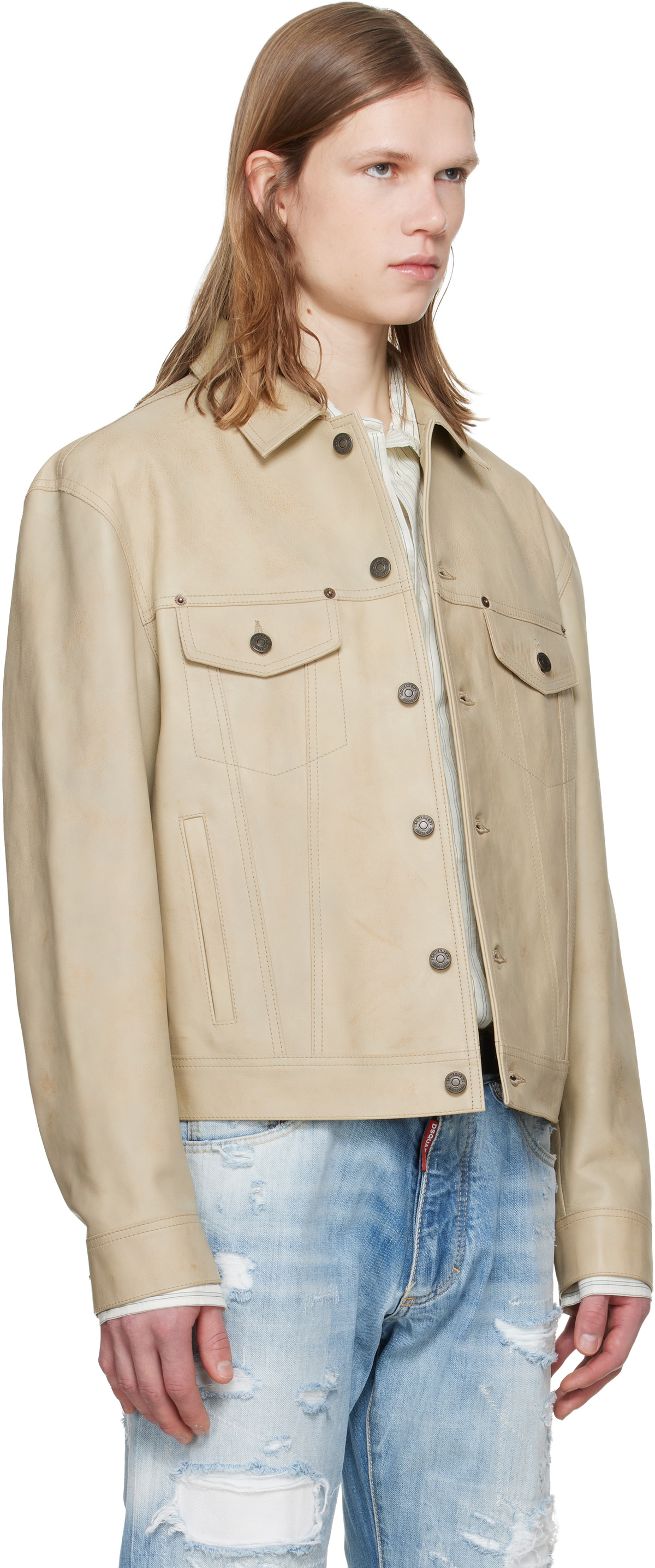Dsquared2 Beige Leather Jean Jacket