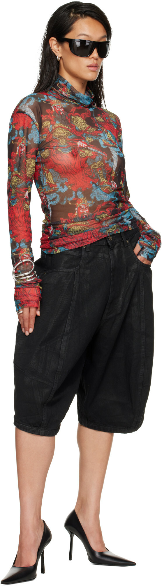 LU'U DAN Red Masked Mesh Turtleneck