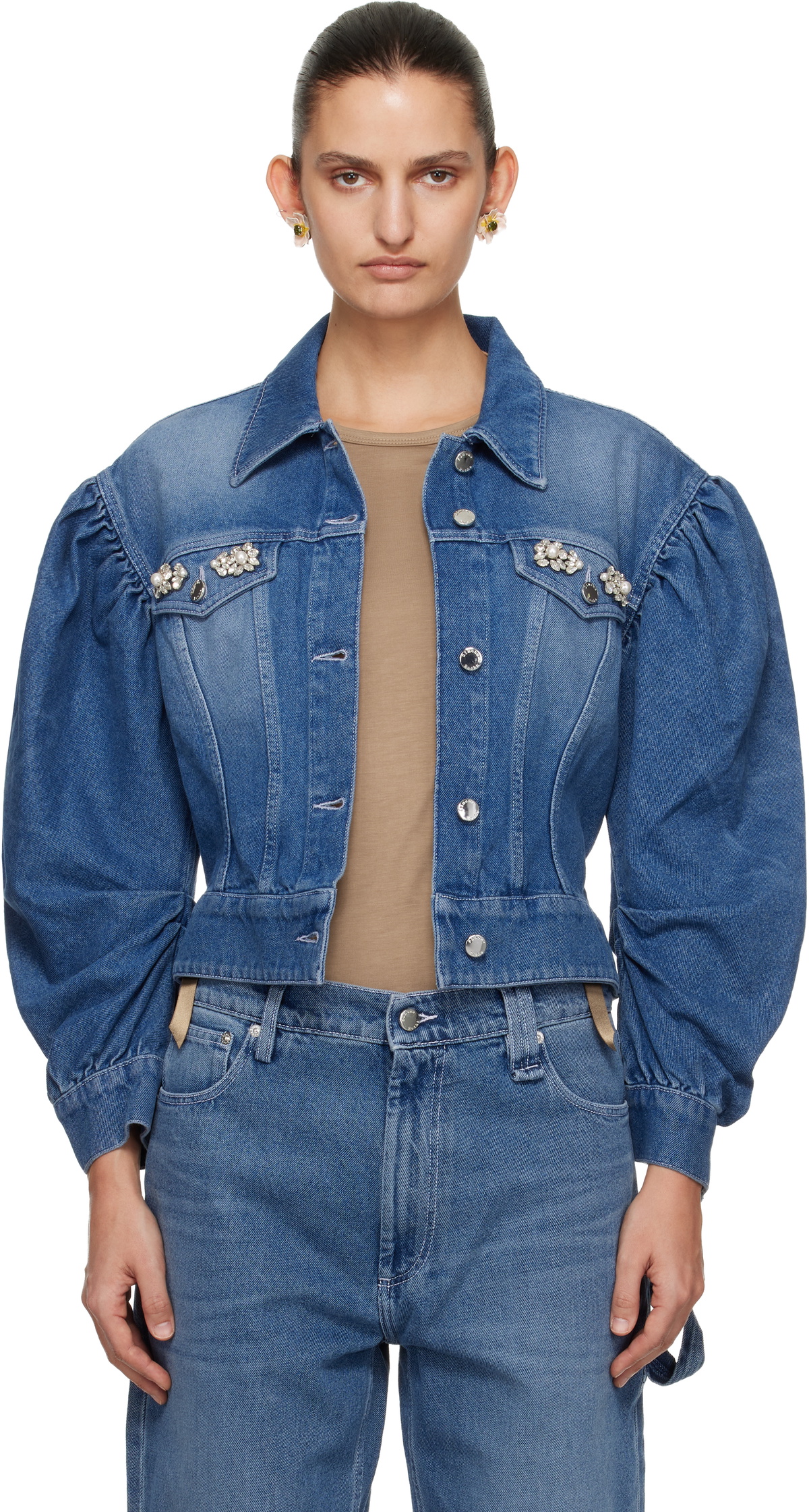 Simone Rocha Blue Embellished Sculpted Draped Sleeve Denim Jacket