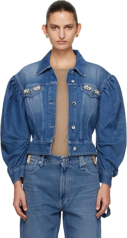 Photo: Simone Rocha Blue Embellished Sculpted Draped Sleeve Denim Jacket