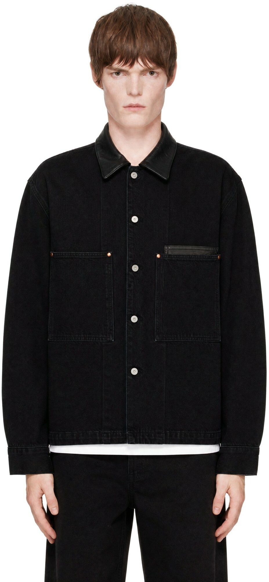 LEMAIRE Black Workwear Leather Collar Denim Jacket