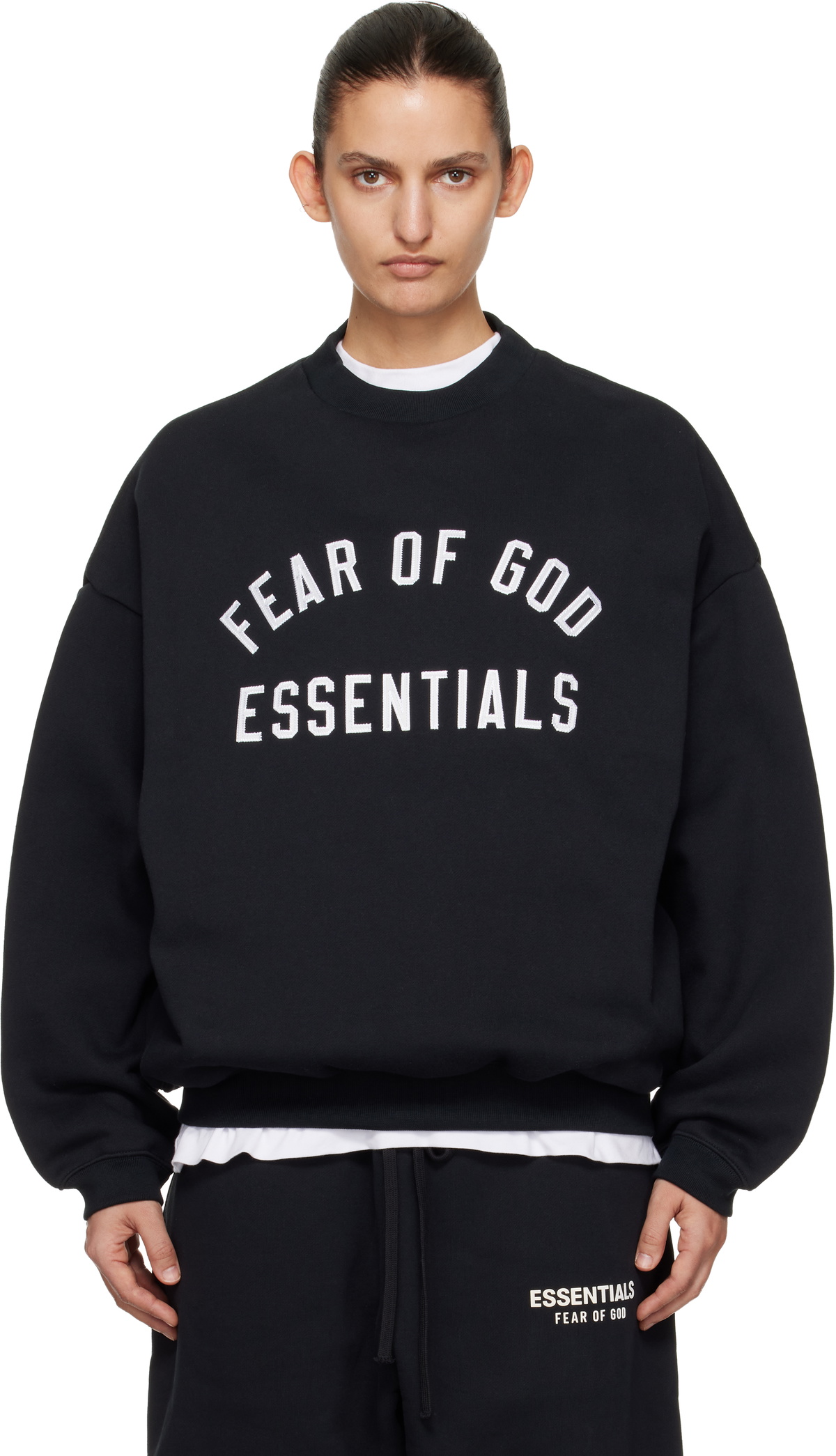 Fear of God ESSENTIALS Black Varsity Crewneck Sweatshirt