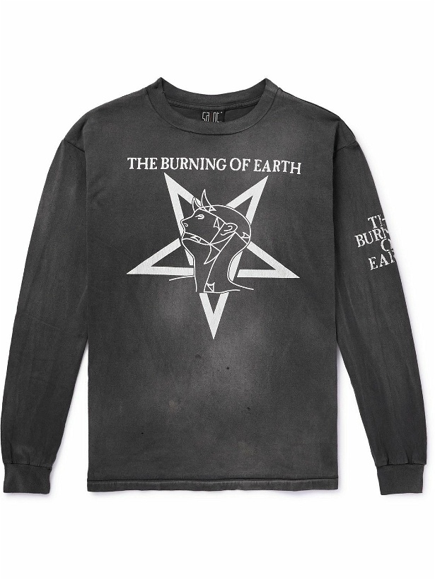 Photo: SAINT Mxxxxxx - Burning Of Earth Distressed Printed Cotton-Jersey T-Shirt - Gray