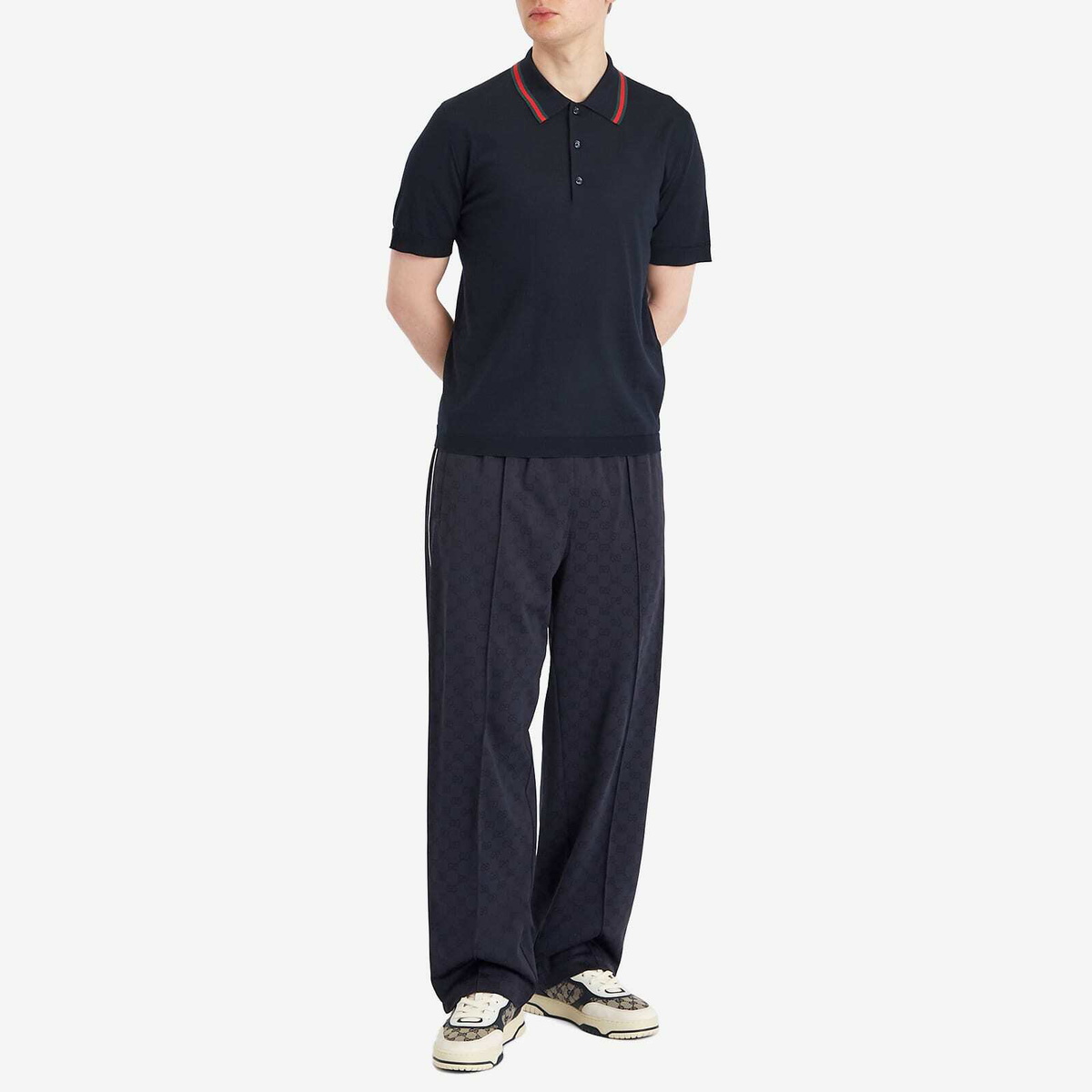 Gucci Men's Fine Gauge Wool Short Sleeve Polo Shirt in Ink/Green/Red