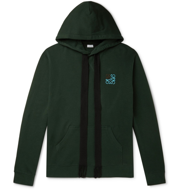 Photo: LOEWE - Logo-Embroidered Loopback Cotton-Jersey Hoodie - Green