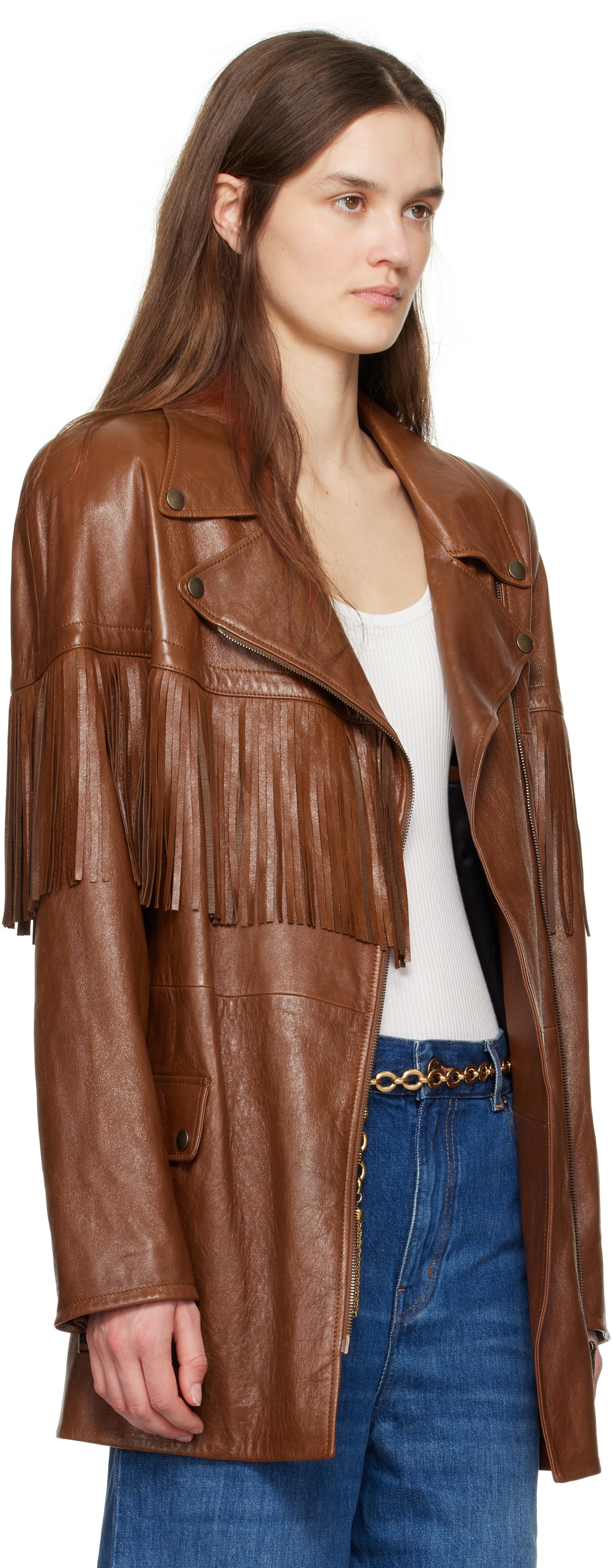 Chloé Brown Belted Fringed Leather Jacket