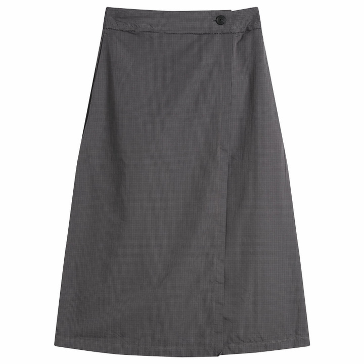 Photo: mfpen Women's Classic Wrap Skirt in Mushroom Micro Check Poplin