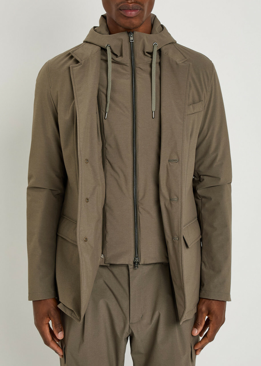 Herno Hooded-insert Layered Nylon Blazer Jacket Taupe