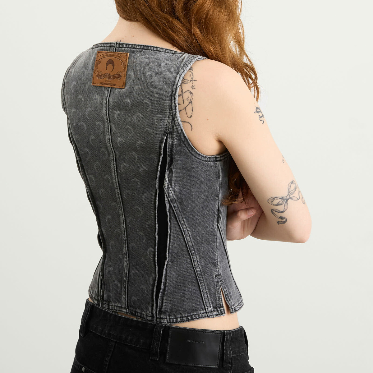 Marine Serre Women's Moon Laser Denim Bustier Top in Dark Grey