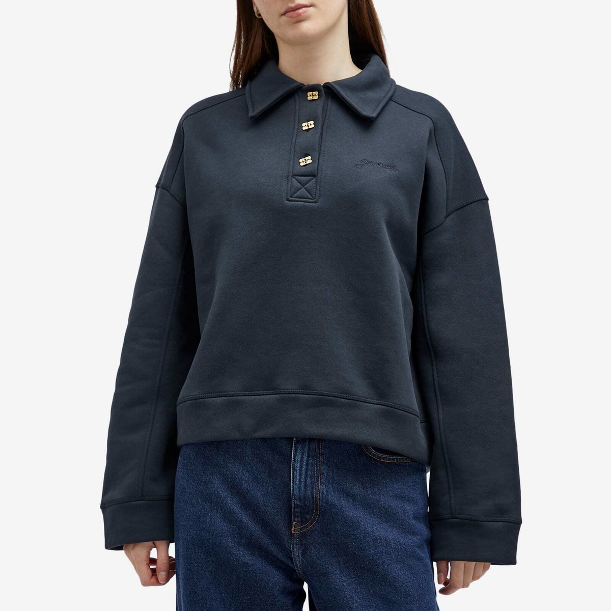 Tシャツ・カットソー GANNI Heavy Fleece Drop Shoulder Polo GANNI Women's Heavy Fleece Drop Shoulder Polo in Sky Captain