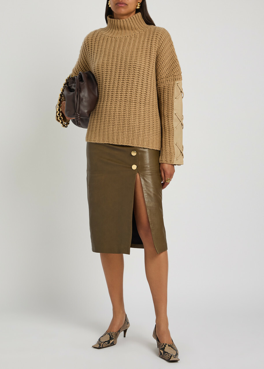 Skiim Lucy Leather Midi Skirt Khaki