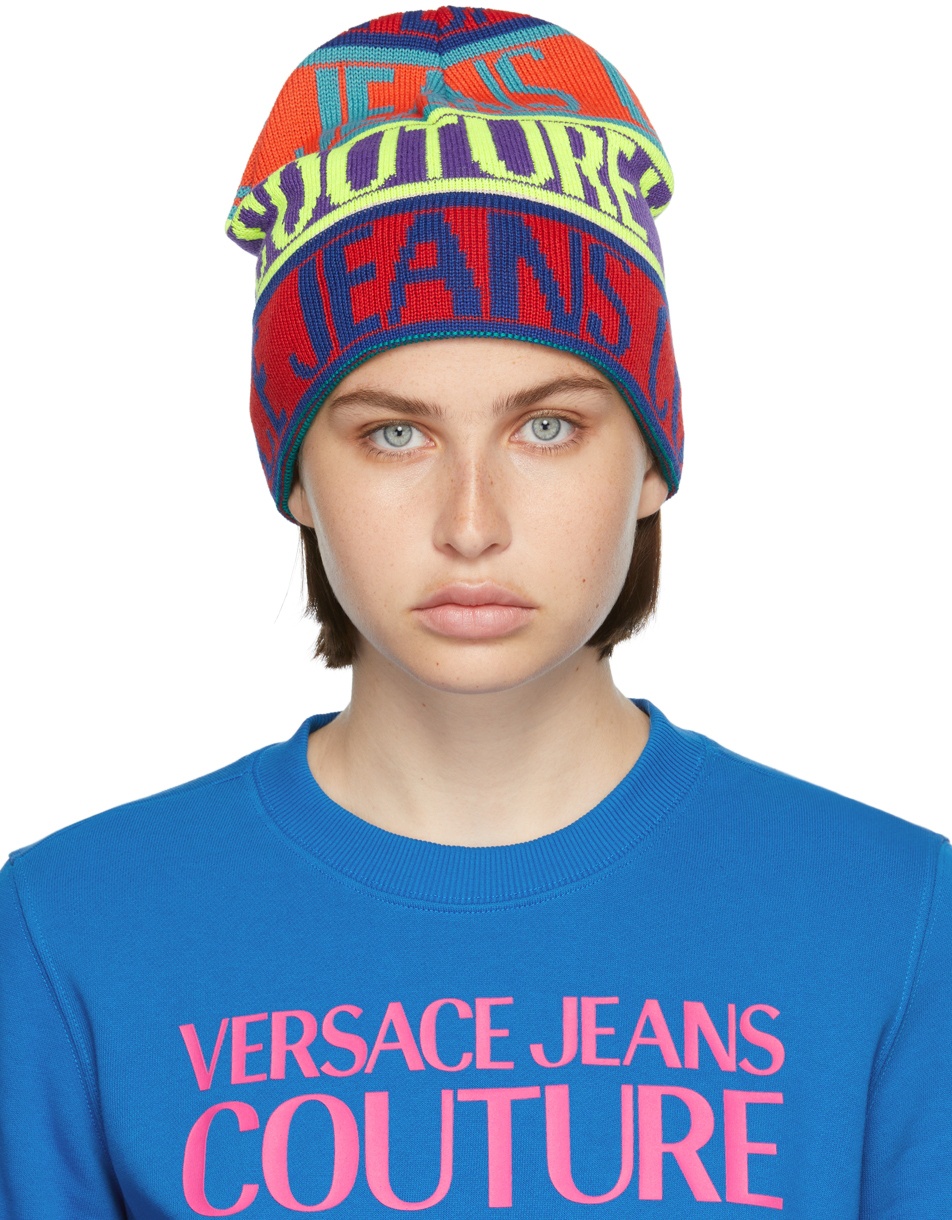 Versace Jeans Couture Multicolor Intarsia Logo Beanie Versace