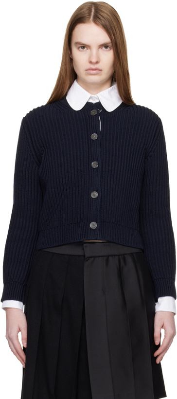 Photo: Thom Browne Navy Full Stitch Cropped Crew Neck Cardigan