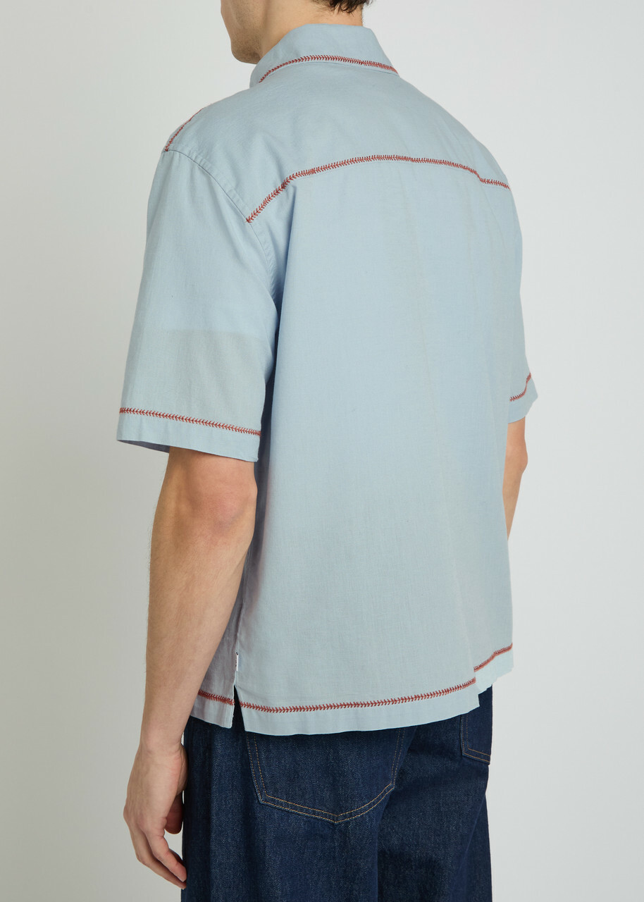 Wax London Keats Embroidered Cotton and Linen-blend Shirt Blue