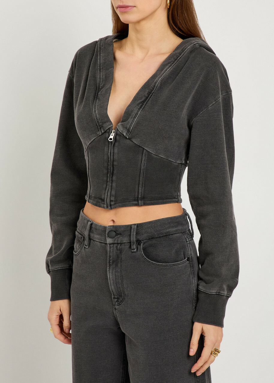 Good American Jeanius Cropped Hooded Cotton Sweatshirt Black