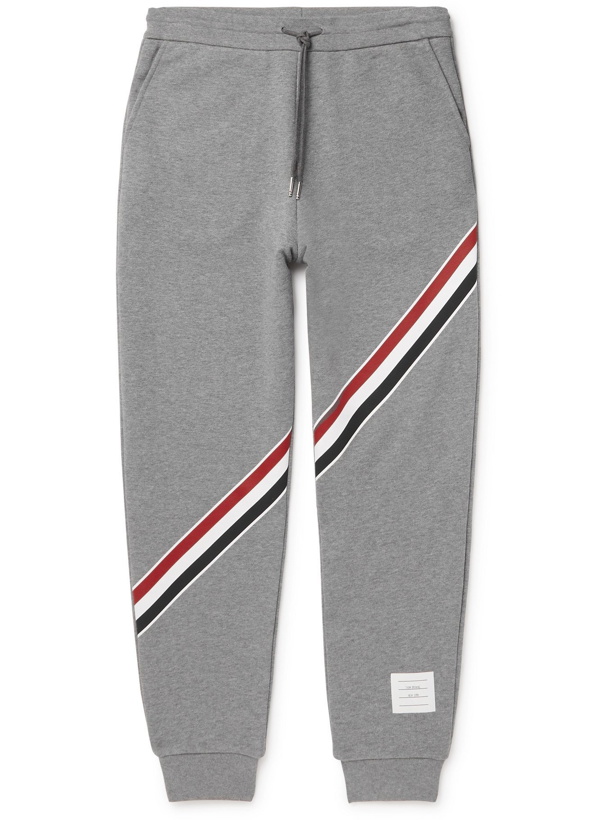 Photo: THOM BROWNE - Slim-Fit Tapered Striped Loopback Cotton-Jersey Sweatpants - Gray - 1