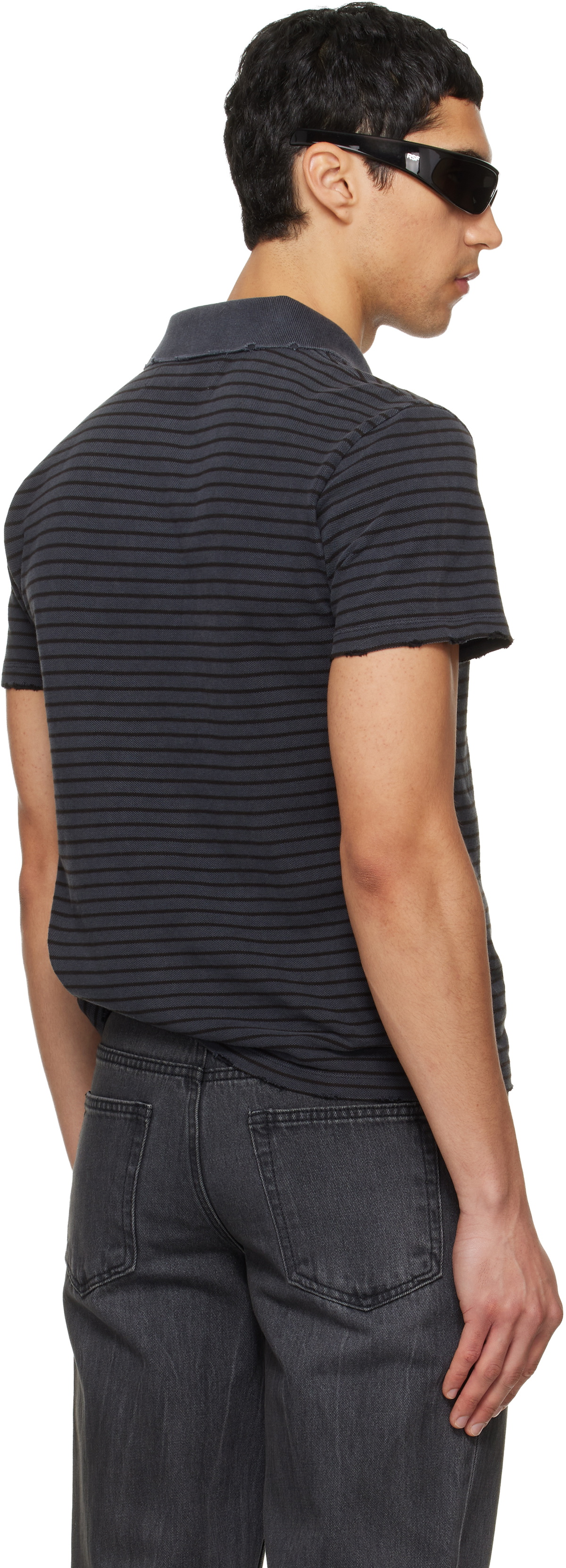 TONYWACK Black Garment Dyed Stripe Pique Polo