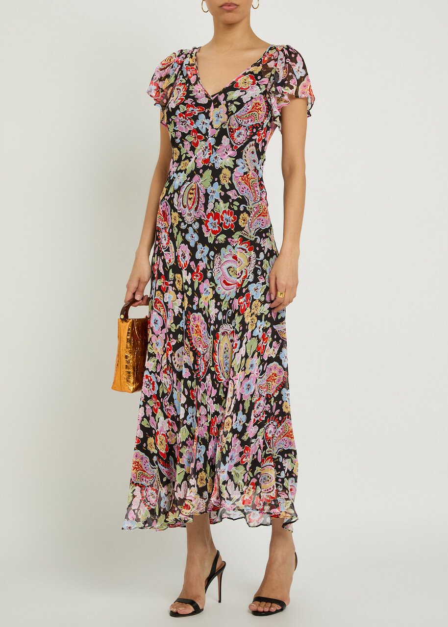 Rixo Bexley Metallic Floral Chiffon Maxi Dress Multicoloured