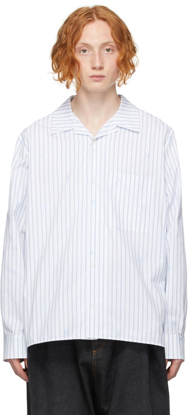 Photo: Loewe White & Blue Jacquard Open Collar Shirt