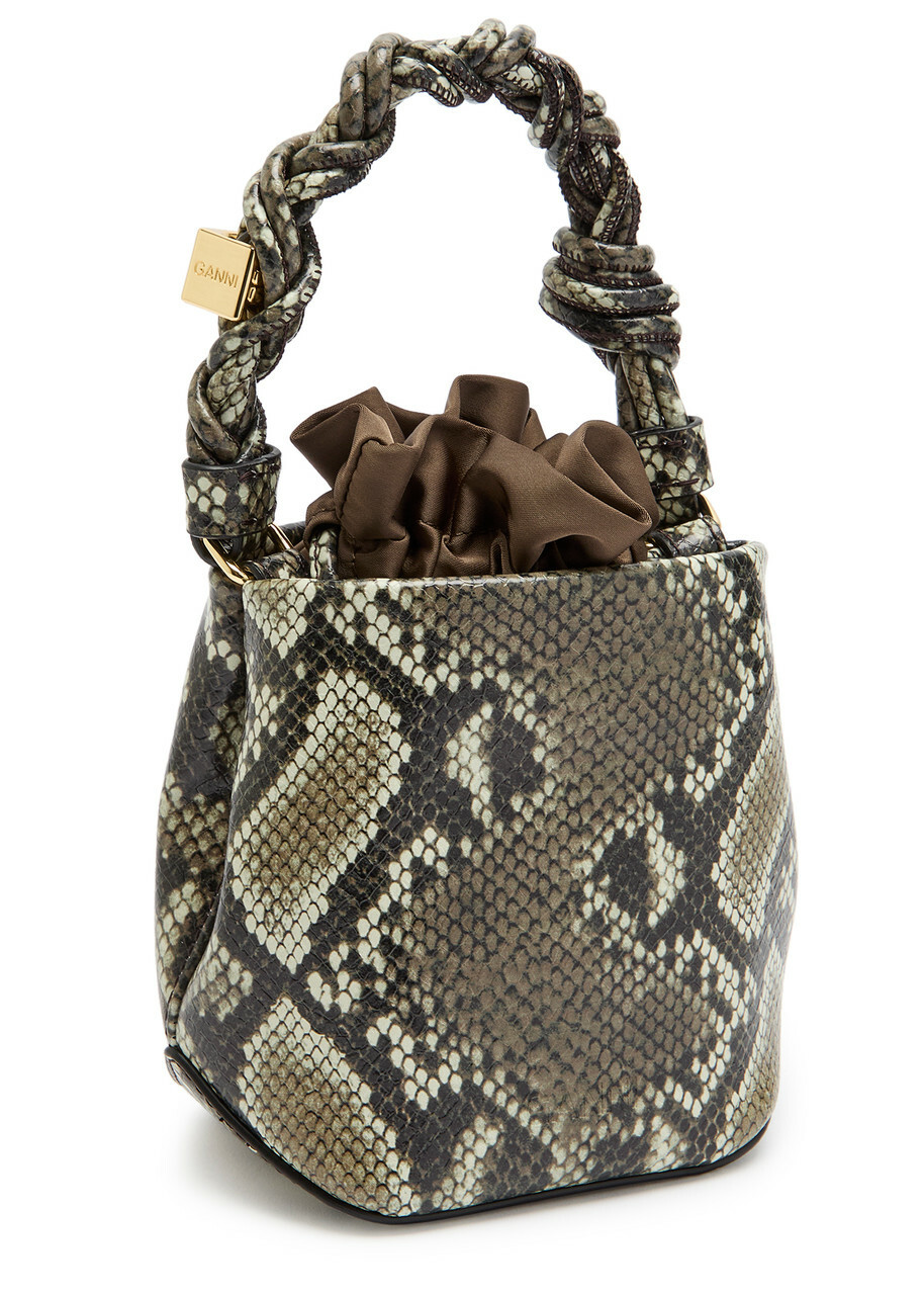 Ganni Bou Mini Python-effect Grained Leather Bucket bag - Black Grey - One Size