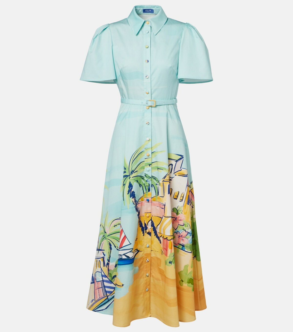Leo Lin Printed belted cotton shirt dress