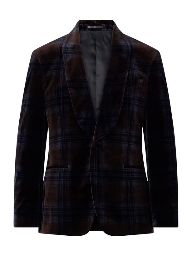 Photo: Mr P. - Shawl-Collar Checked Cotton-Velvet Tuxedo Jacket - Brown