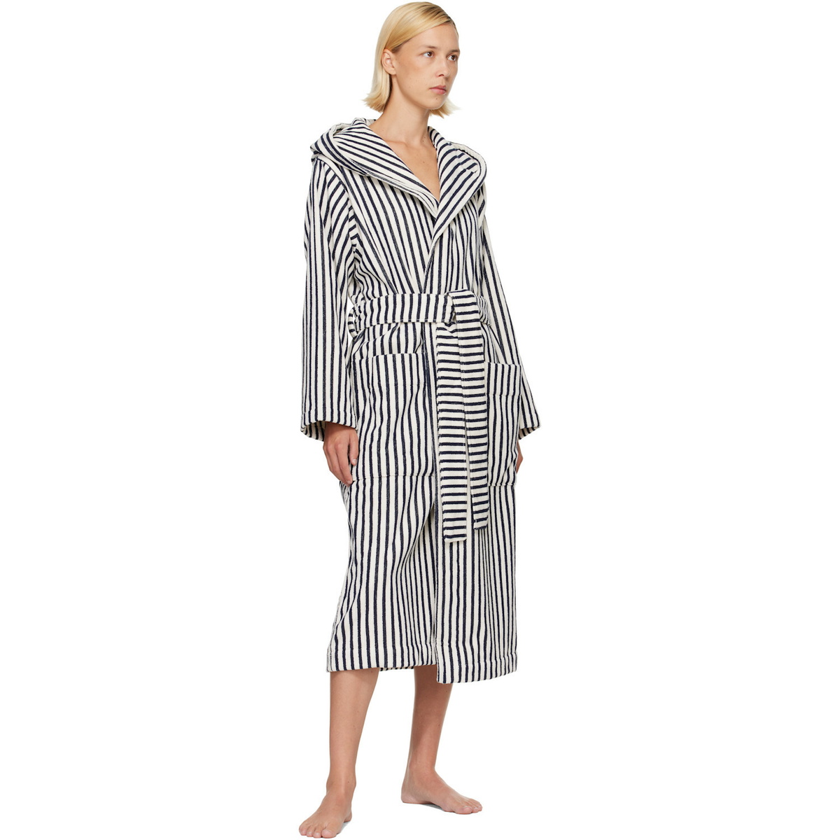 Tekla Navy & White Terry Hooded Bathrobe